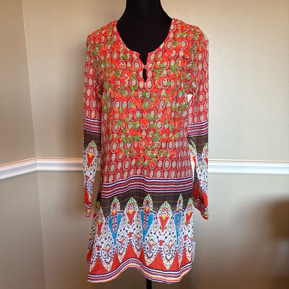Simi Hand Embroidered Boho Cotton Tunic Mini Dress Size M